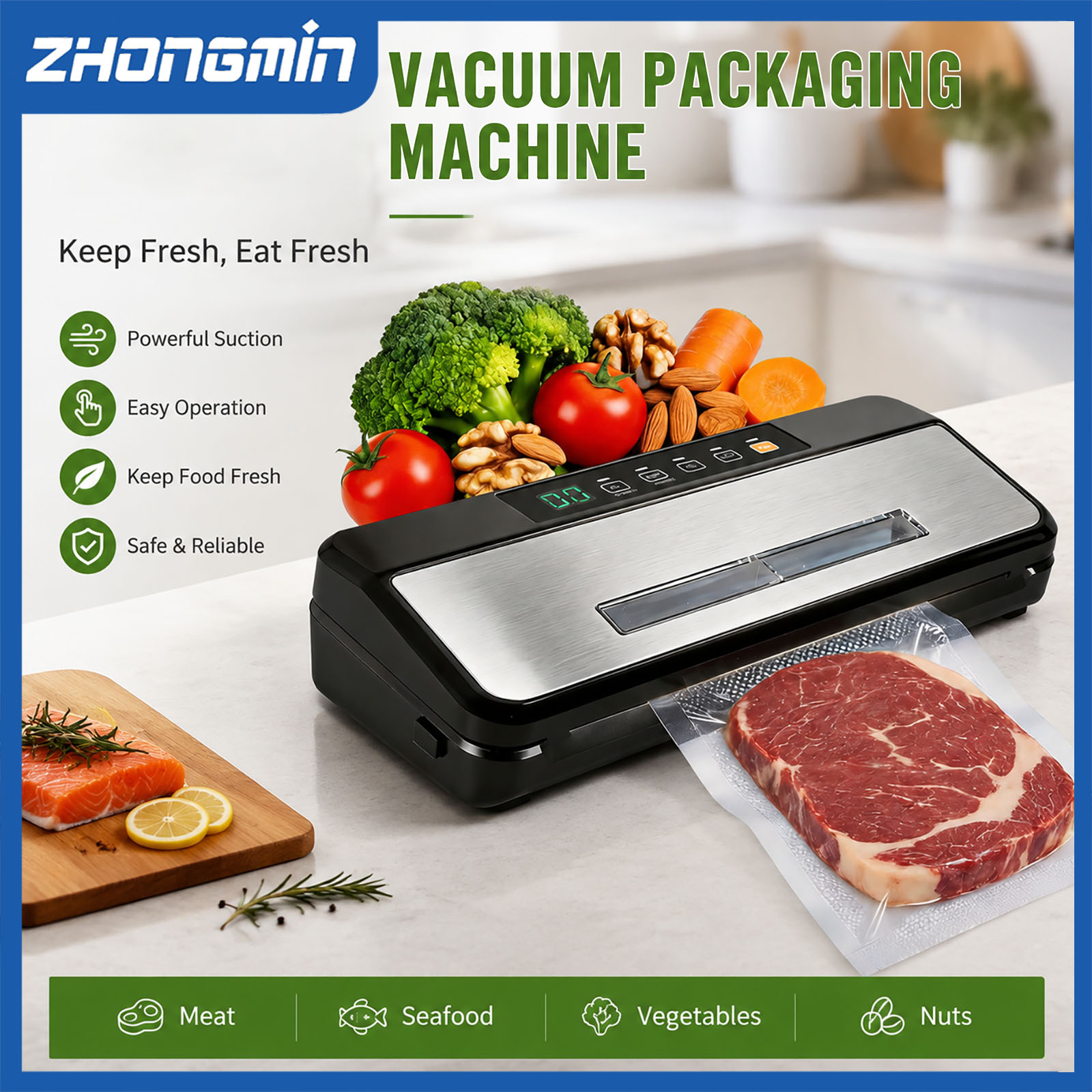 Food Vacuum Sealer Machine - ZM-VS6608X 多機能真空シーラー 110V 自動食品シーラー、内蔵カッター付き、5mmのデュアルシール、強力な吸引力